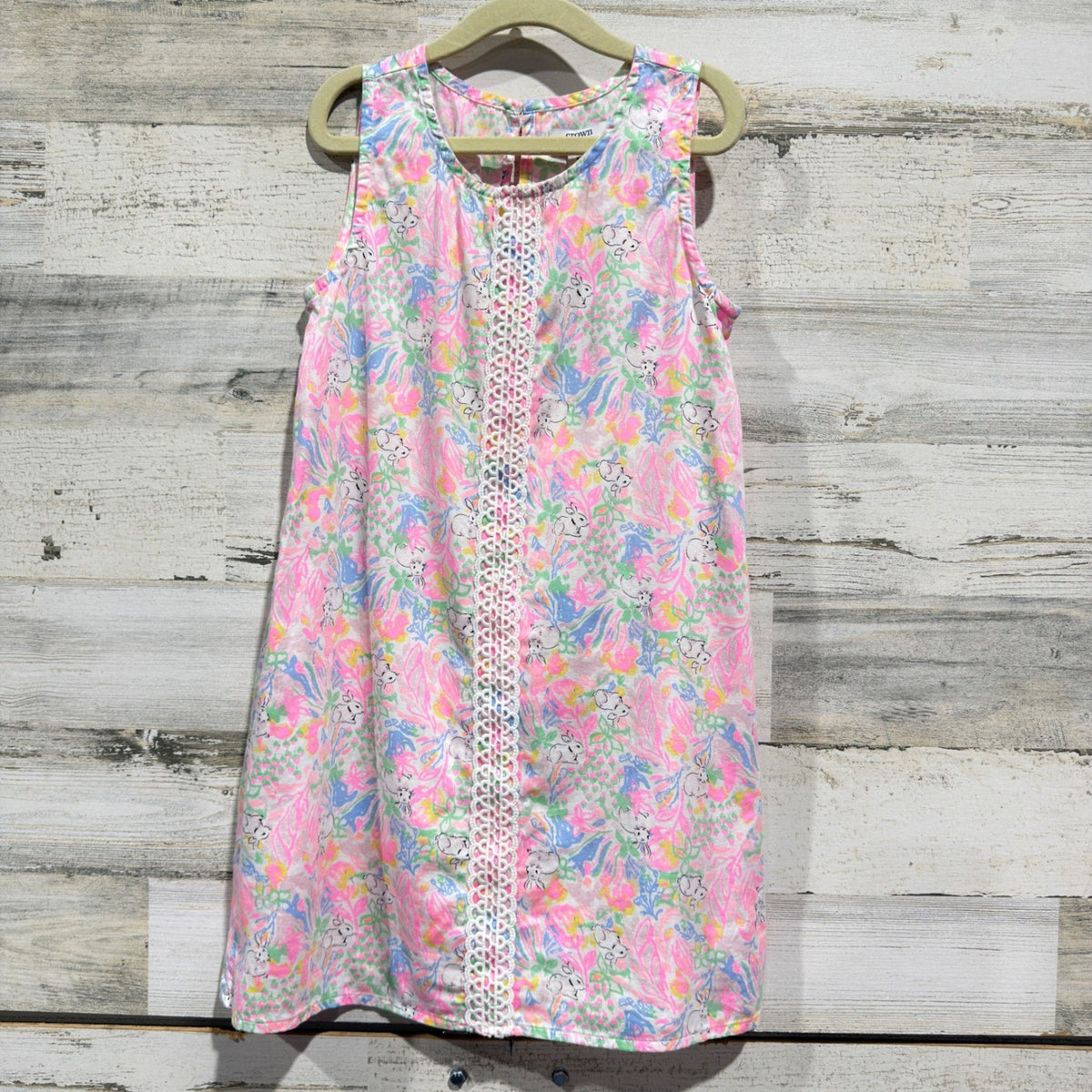 Crown & Ivy Dress Girls 6X Pink Blue Bunny Floral Lace Trim Preppy EUC0