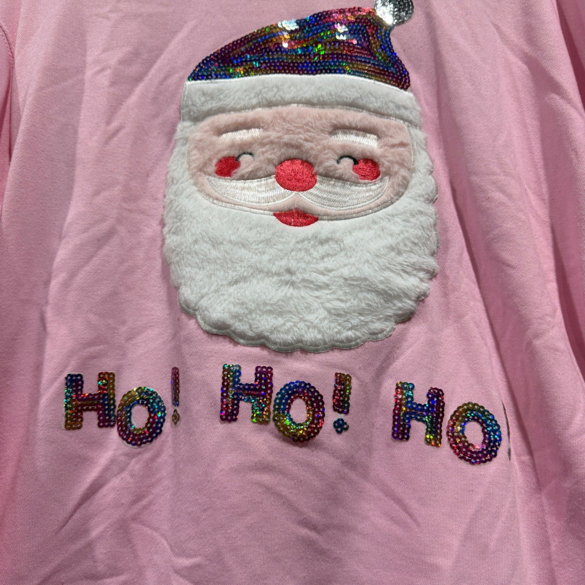 Santa Claus Sequin Graphic Sweatshirt Women Size M Pink Cotton Blend Holiday4