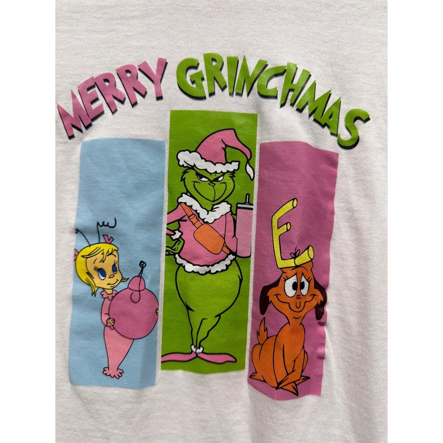 Dr Seuss Merry Grinchmas Shirt Girls M White Graphic Tee Holiday EUC1