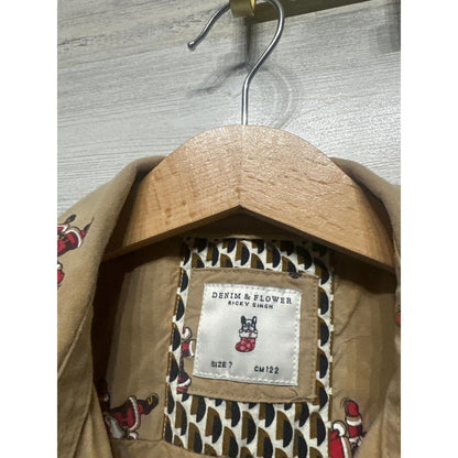 Denim & Flower Button Down Boys 7 Tan Dabbing Santa Christmas Shirt EUC1