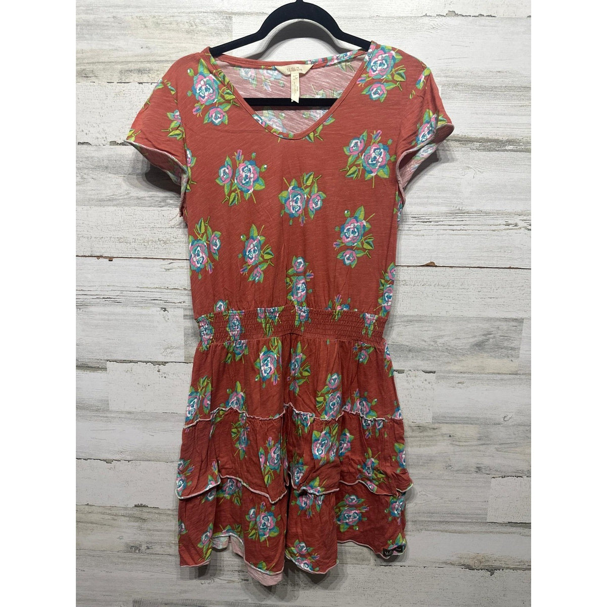 Matilda Jane Mini Dress Womens Small Rust Red Floral Smocked Tiered Ruffle EUC0