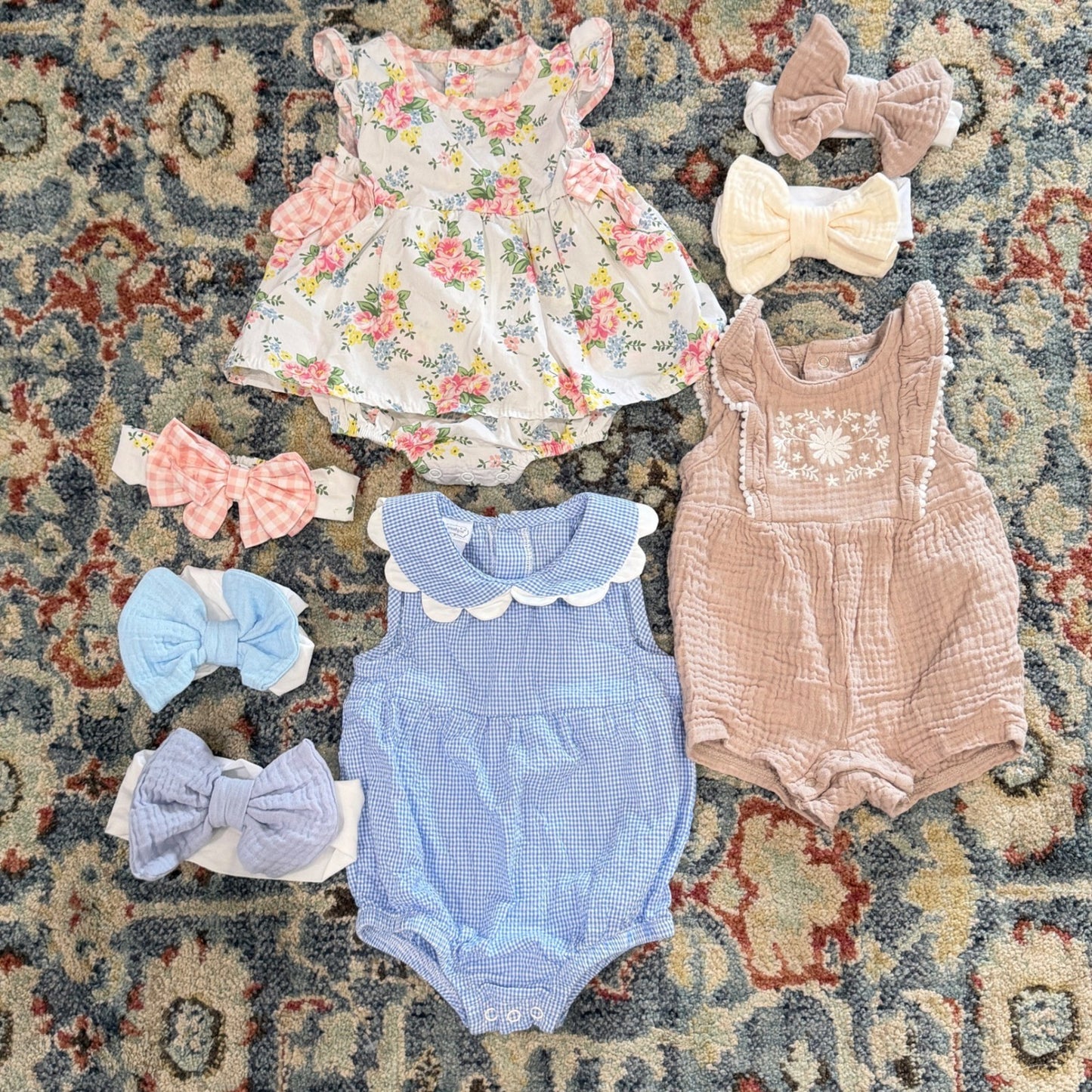 Mud Pie Baby Starters Romper Lot Girls 6-9M Floral Gingham Gauze EUC0