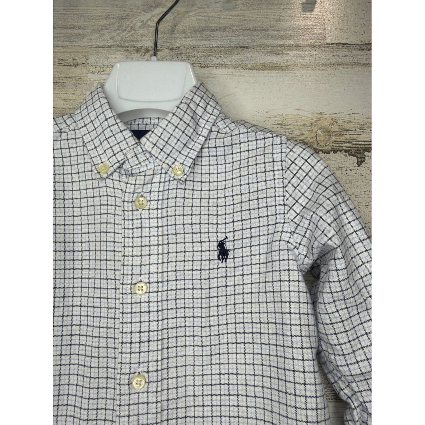 Ralph Lauren Button Up Shirt Boys 18M White Blue Plaid Cotton Preppy EUC1