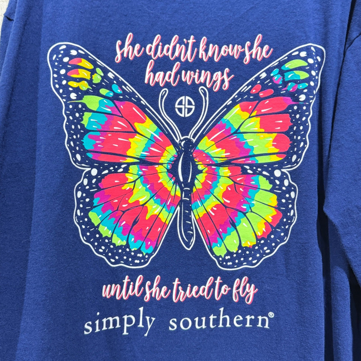 Simply Southern Long Sleeve Shirt Girls L Blue Butterfly Wings Preppy EUC0