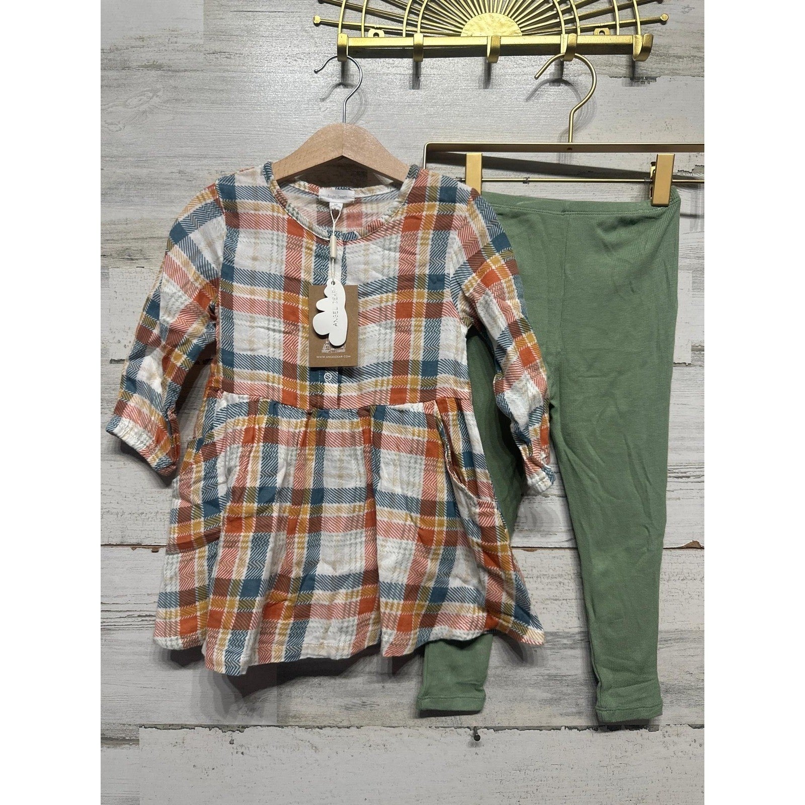 Angel Dear Tunic Leggings Set Girls 3T Autumn Fall Green Orange Plaid Muslin NWT0