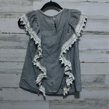 Eri + Ali Ruffle Blouse Women Small Blue White Striped Lace Trim EUC2