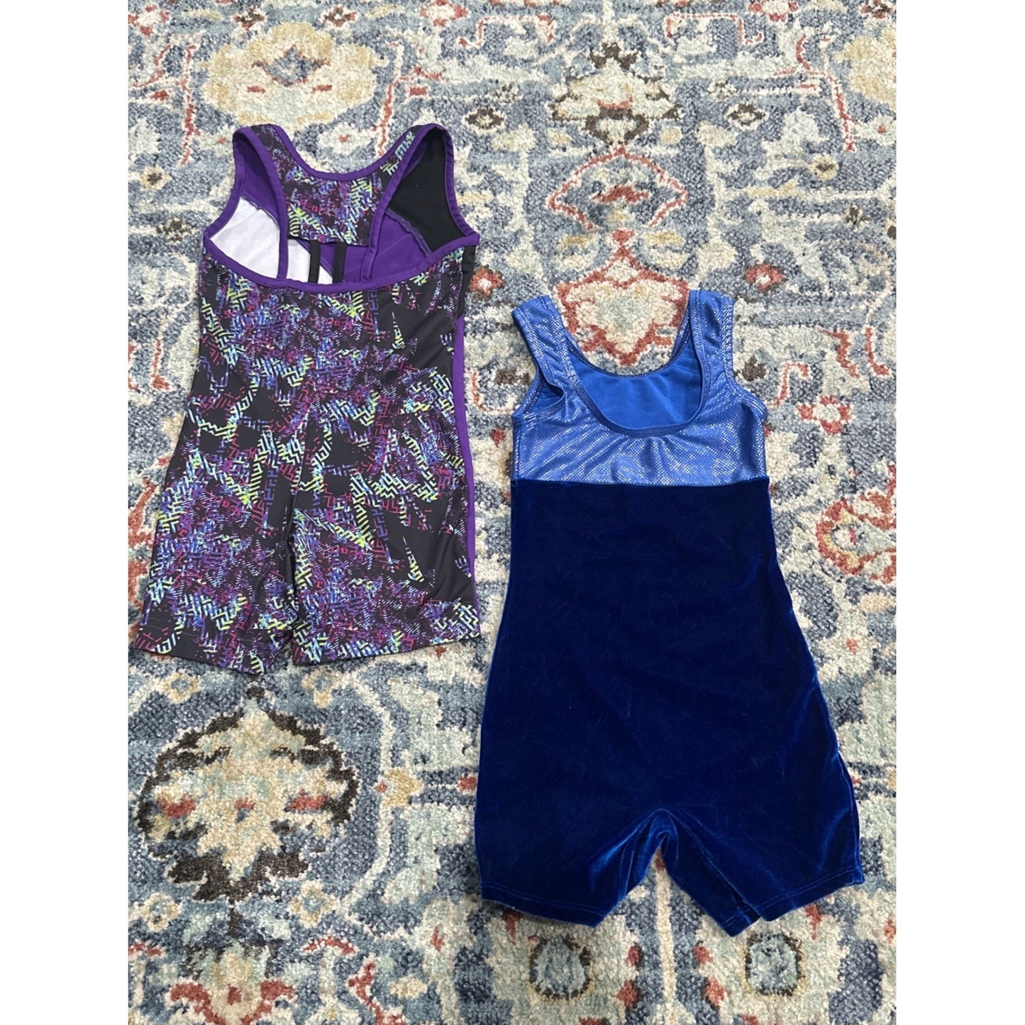 Dance Unitard Bundle Biketard Girls XS 4-5 Purple Blue Velvet Geometric EUC1