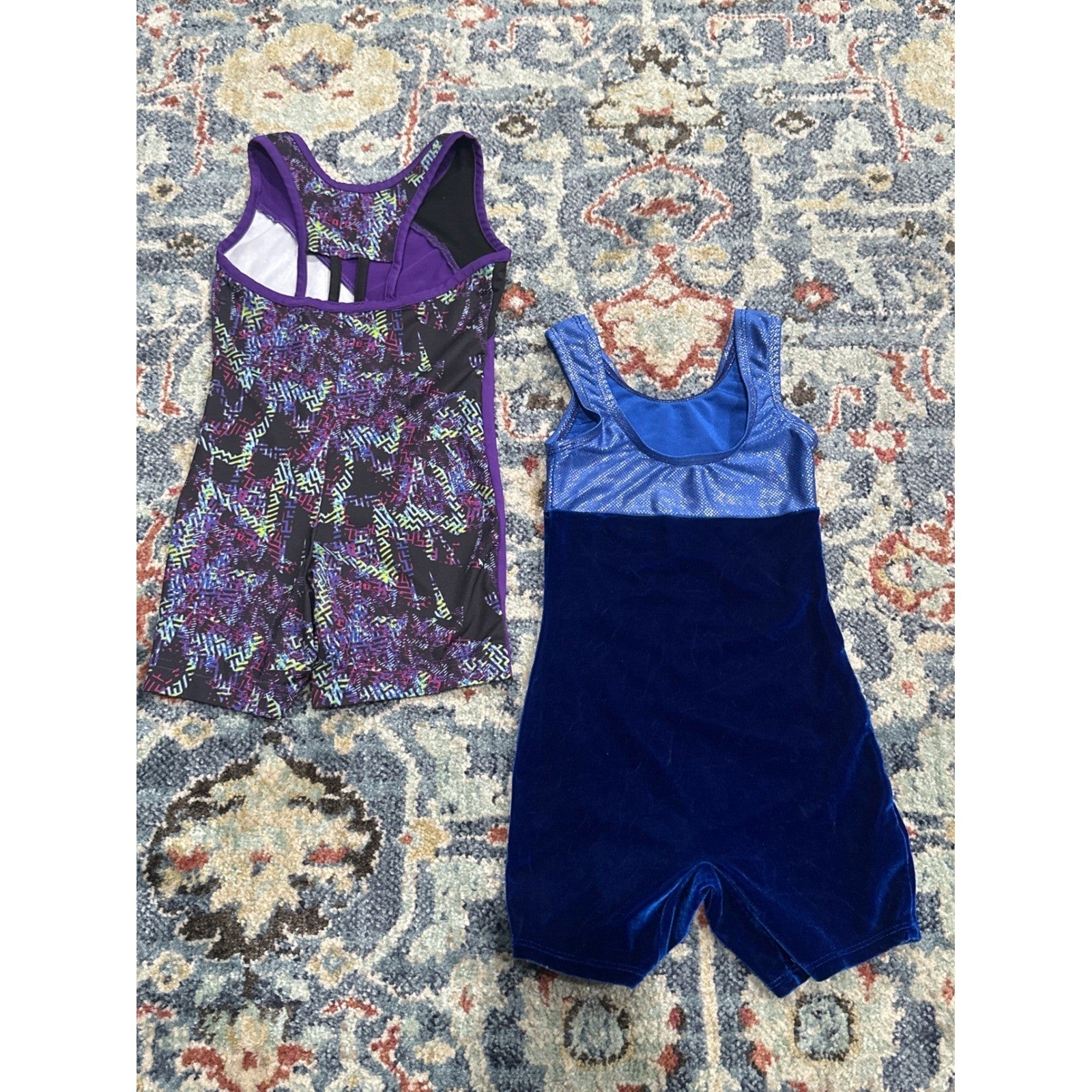 Dance Unitard Bundle Biketard Girls XS 4-5 Purple Blue Velvet Geometric EUC1