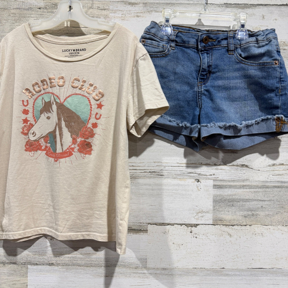 Lucky Brand Shirt Shorts Set Girls 12 Blue Cream Horse Rodeo Club Western EUC0