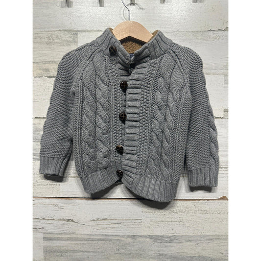 Gap Cable Knit Cardigan Boys 12-18M Gray Sherpa Lined Mock Neck EUC0