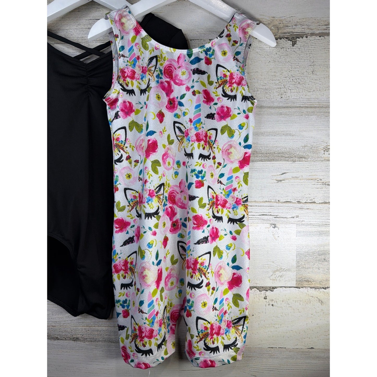 DanceSkin Leotard & Unicorn Unitard Lot Girls S 6-6X Black Floral Ballet EUC1