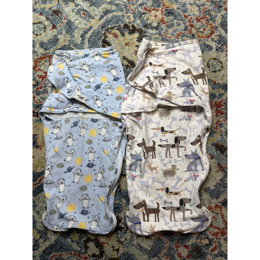 Norani Swaddle Blankets Boys OS Blue White Dogs Space Organic Cotton Blend0