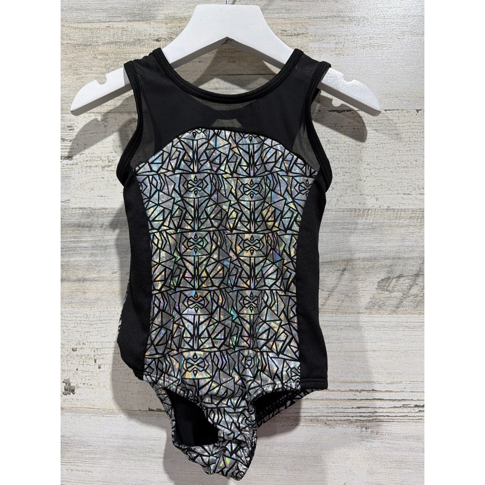 Leotard Girls 3T Black Silver Holographic Geometric Dance Gymnastics0