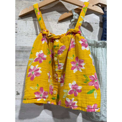 Old Navy Modern Moments Outfit Set Girls 5T Green Yellow Floral Denim Boho EUC1