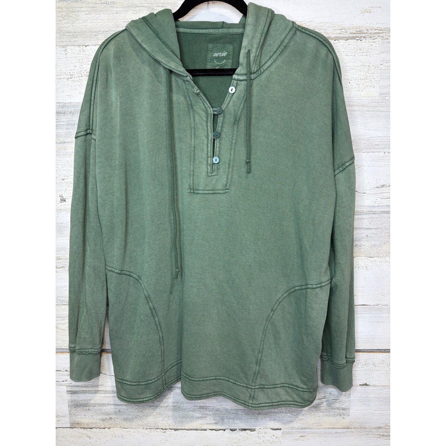 Aerie Oversized Hoodie Women XS Green Henley Button Loungewear Gorpcore EUC0