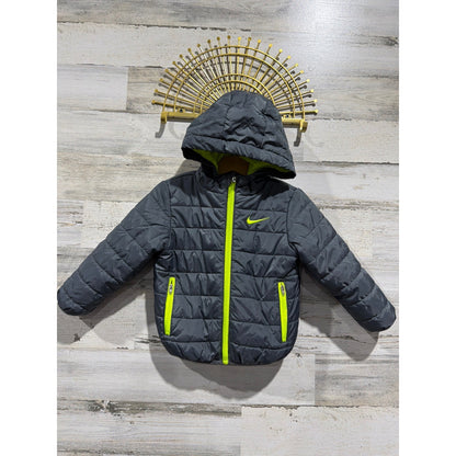 Nike Puffer Jacket Boys 2T Grey Volt Green Hooded Quilted Sportswear EUC0