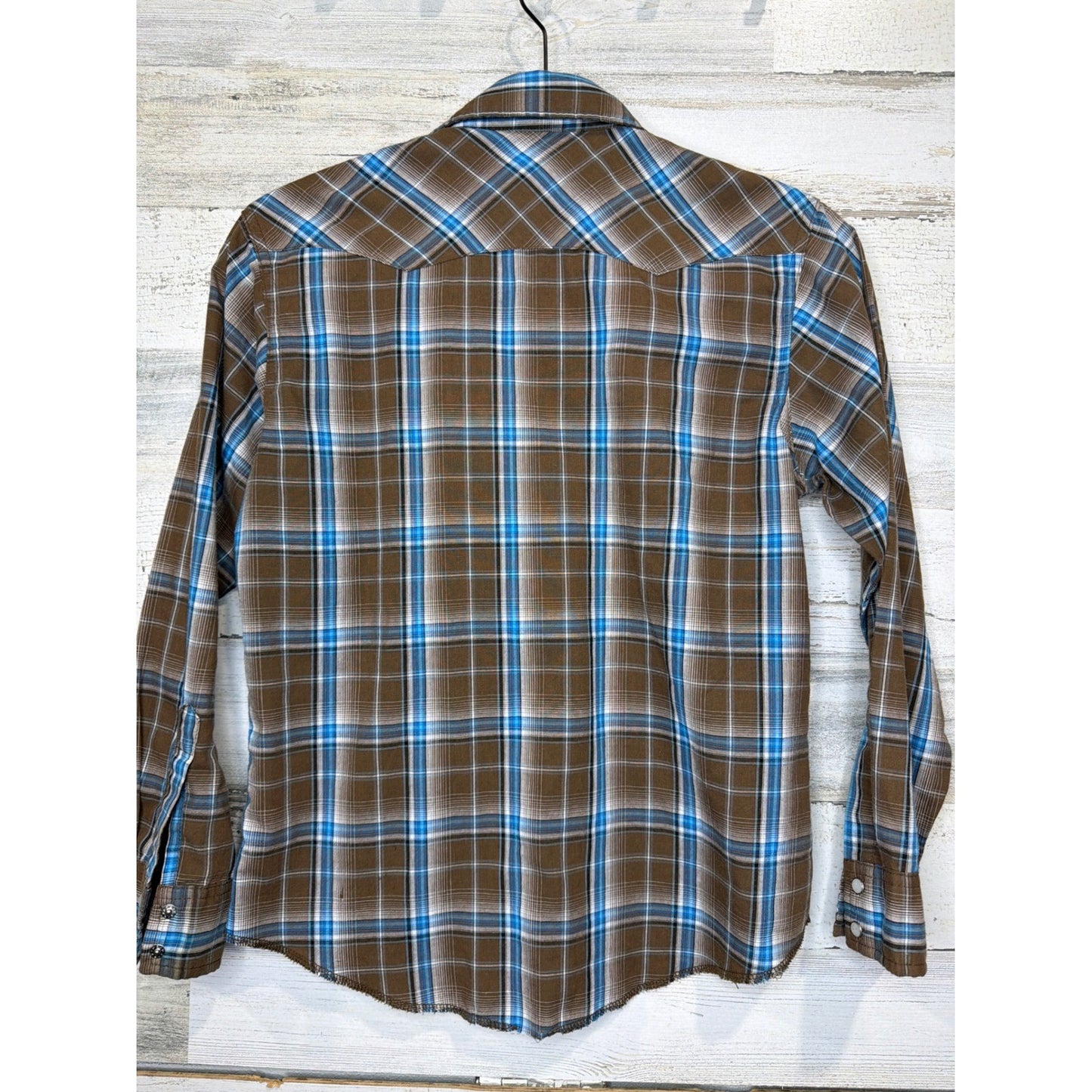Wrangler Pearl Snap Shirt Boys Large Brown Blue Plaid Western Cowboy *Flawed*2