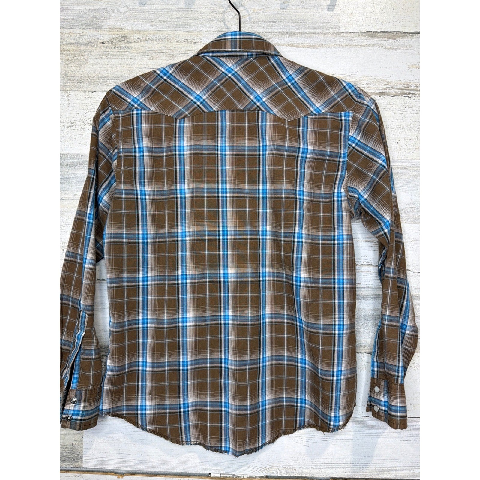 Wrangler Pearl Snap Shirt Boys Large Brown Blue Plaid Western Cowboy *Flawed*2