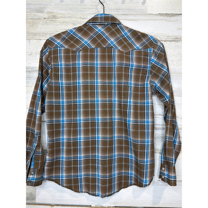 Wrangler Pearl Snap Shirt Boys Large Brown Blue Plaid Western Cowboy *Flawed*2