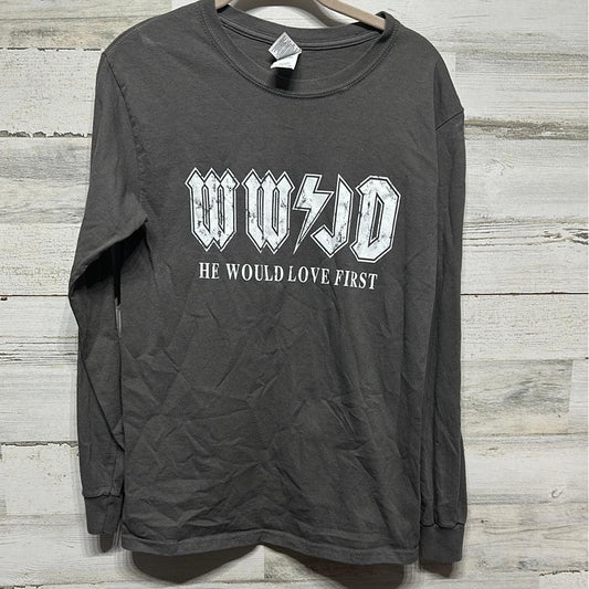 Gildan WWJD Long Sleeve Shirt Women Small Gray Graphic Rock Aesthetic EUC0
