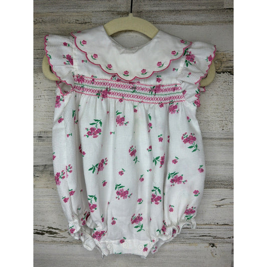 Smocked Romper Girls 3-6M White Pink Floral Cottagecore0
