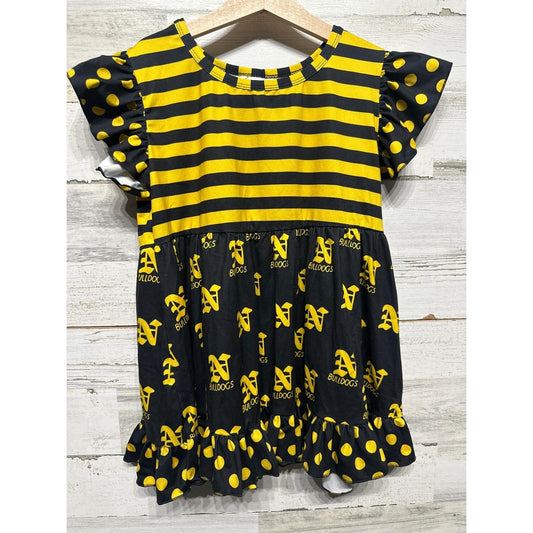 Boutique Bulldogs Tunic Top Girls 10/12 Black Yellow Stripe Polka Dot EUC0