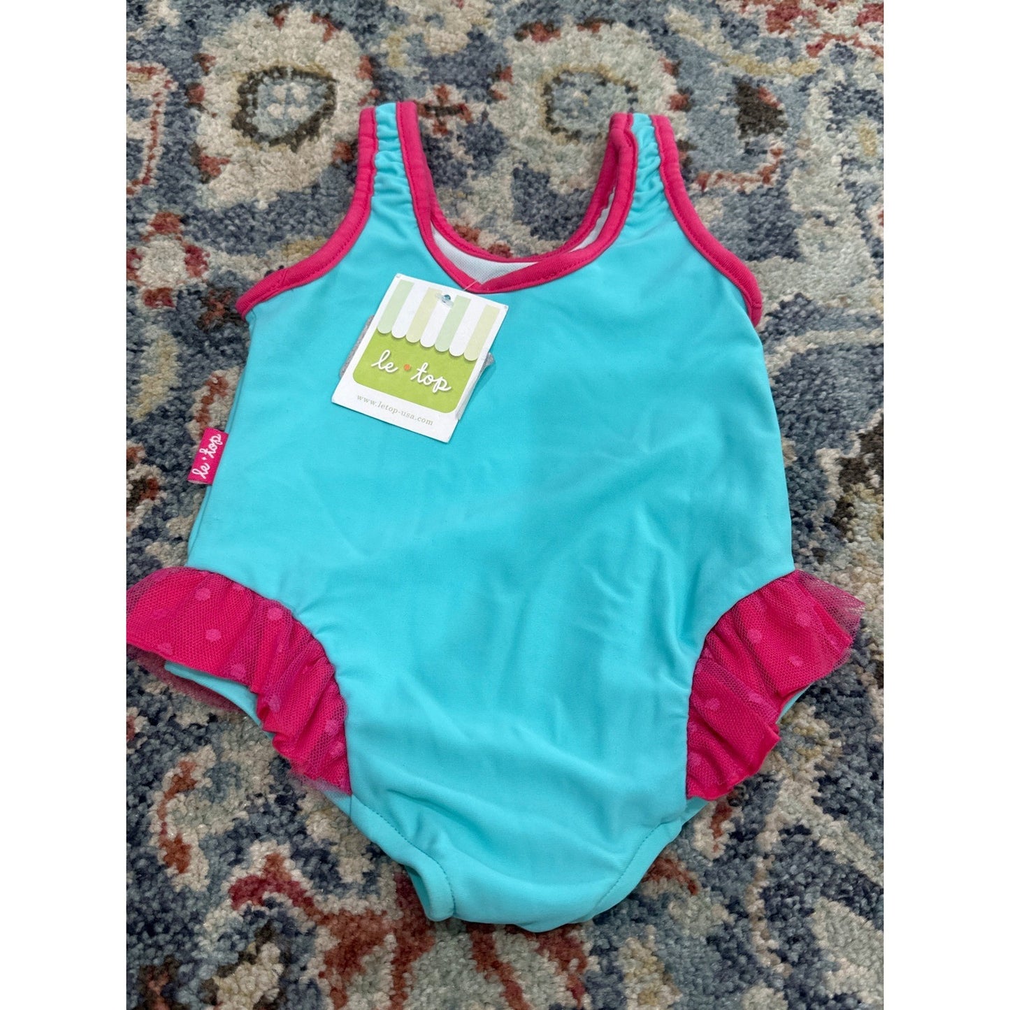 Le Top Swimsuit Girls 9M Turquoise Pink Flamingo Tulle UPF 30 NWT Flaws3