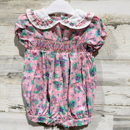 Allison Ann Romper Girls 6-9M Pink Floral Smocked Peter Pan Collar Vintage EUC0