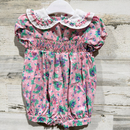 Allison Ann Romper Girls 6-9M Pink Floral Smocked Peter Pan Collar Vintage EUC0