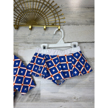 Mia Belle Swimsuit Girls 4T/5Y Blue Orange Geometric Rash Guard Skirt Set EUC2