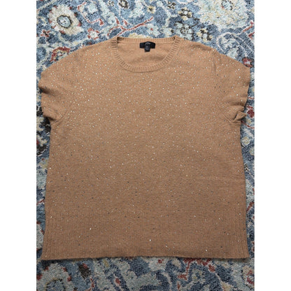 J. Crew Short Sleeve Sweater Women XL Tan Rhinestone Merino Wool Blend EUC0