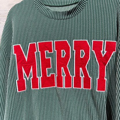 Merry Graphic Ribbed Lounge Set Women L Green Polyester Holiday EUC1