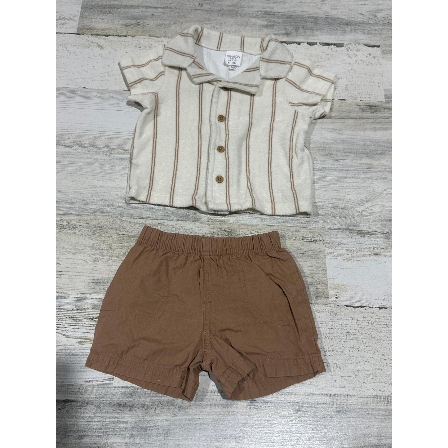 Grayson Mini Shirt Carter's Shorts Boys 6M Brown Cream Striped Set EUC0