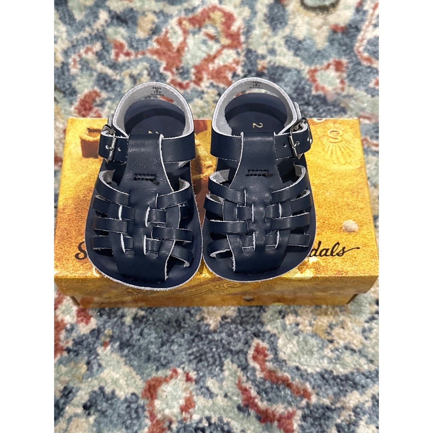 Sun-San Salt Water Sailor Sandals Boys 2 Infant Navy Blue Leather Strappy NEW1