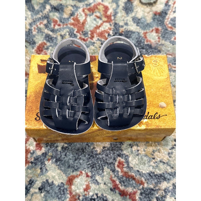 Sun-San Salt Water Sailor Sandals Boys 2 Infant Navy Blue Leather Strappy NEW1