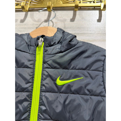 Nike Puffer Jacket Boys 2T Grey Volt Green Hooded Quilted Sportswear EUC1