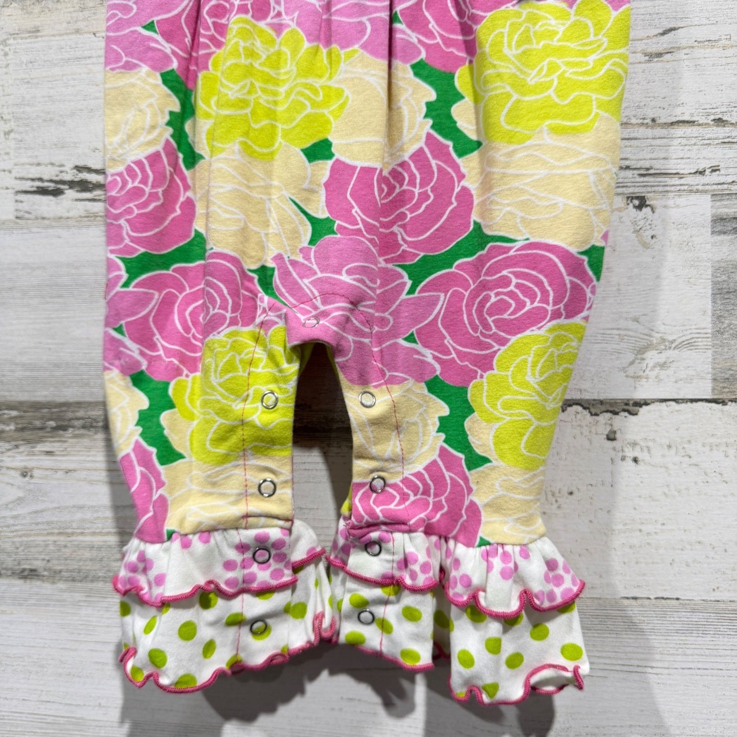 Ann Loren Romper Girls 12-18M Pink Yellow Floral Rosette Ruffle Boutique NWT2