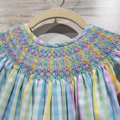 Nola Smocked Handmade Bishop Dress Girls 5T Pastel Gingham Plaid Southern2