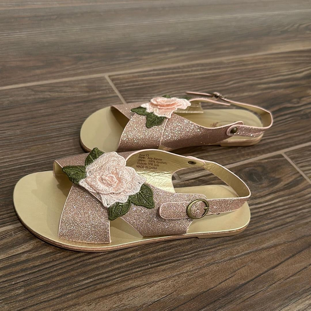 Joyfolie Aria Sandals Girls Size 3 Rose Gold Glitter Floral Embroidery EUC2