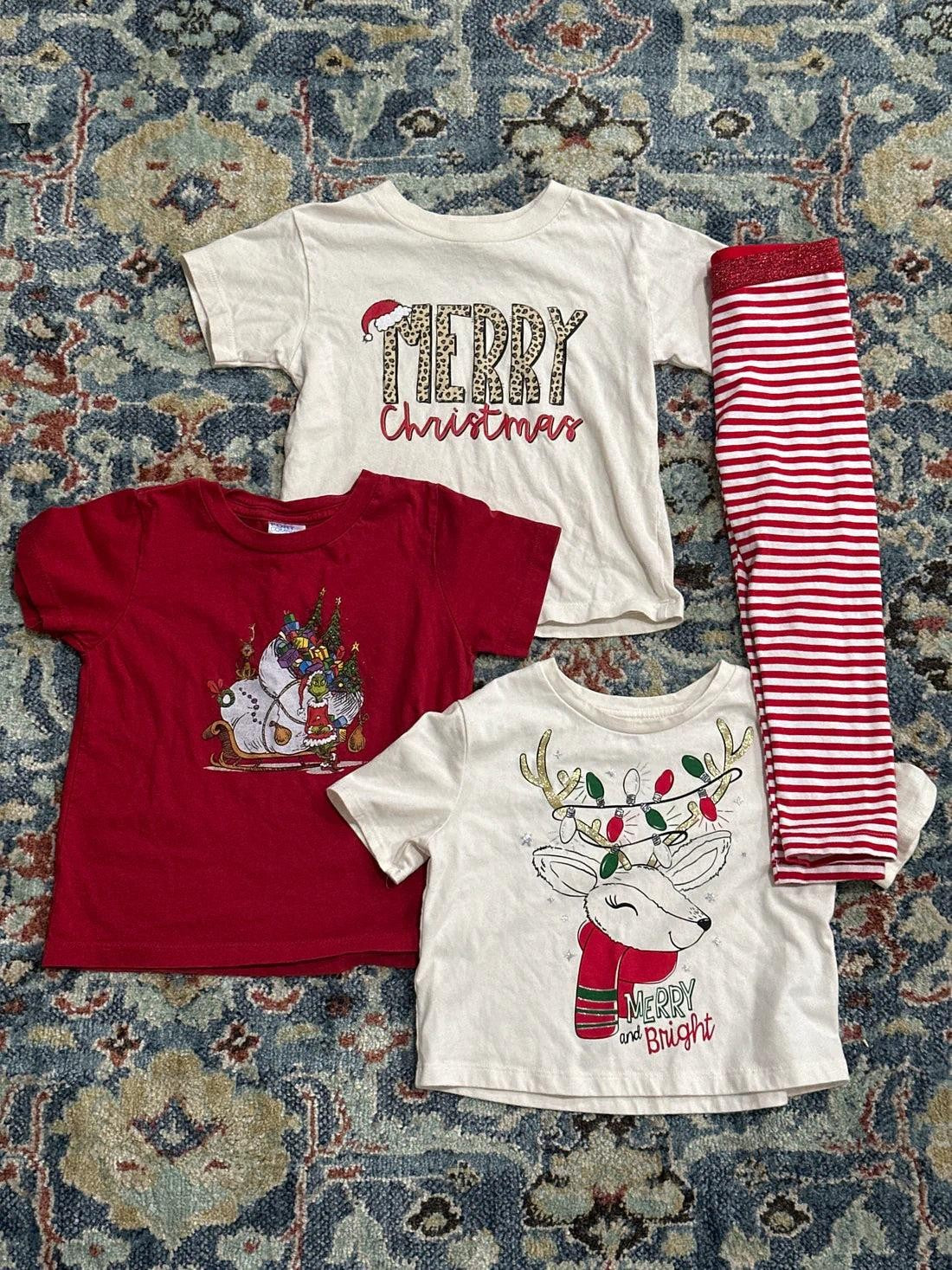 Christmas Bundle Girls 4T Red White Graphic Tees Striped Leggings0