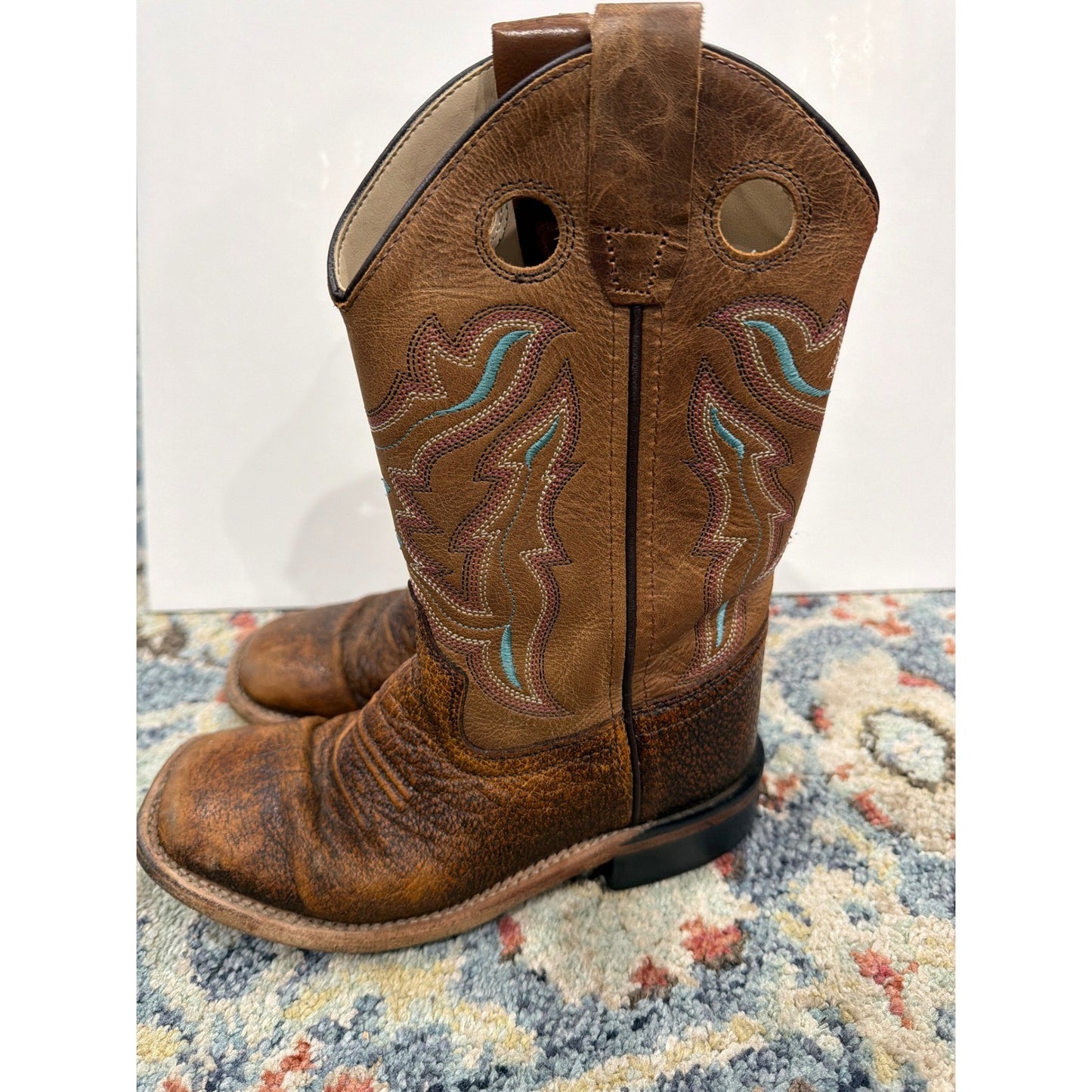 Old West Cowboy Boots Boys Size 13 D Brown Leather Western Square Toe GUC2