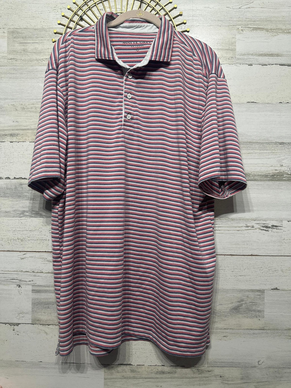 Matte Grey Polo Shirt Men 2XL Red White Blue Striped Performance Golf EUC0