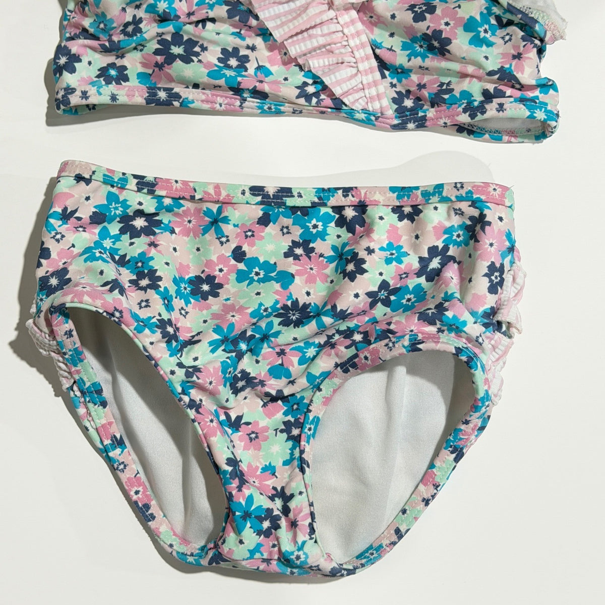 Ruffle Butts Bikini Swimsuit Girls 4T Pink Blue Floral Seersucker Core GUC*2