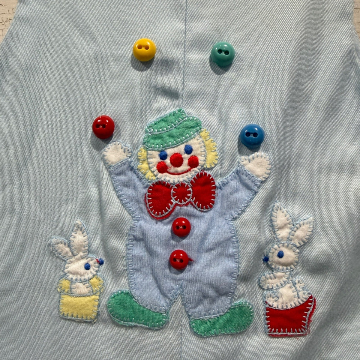 Vintage Clown & Bunny Romper Boys 3-6 Months Blue Poly Cotton 80s Style Flawed*1
