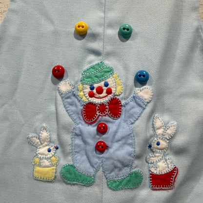 Vintage Clown & Bunny Romper Boys 3-6 Months Blue Poly Cotton 80s Style Flawed*1