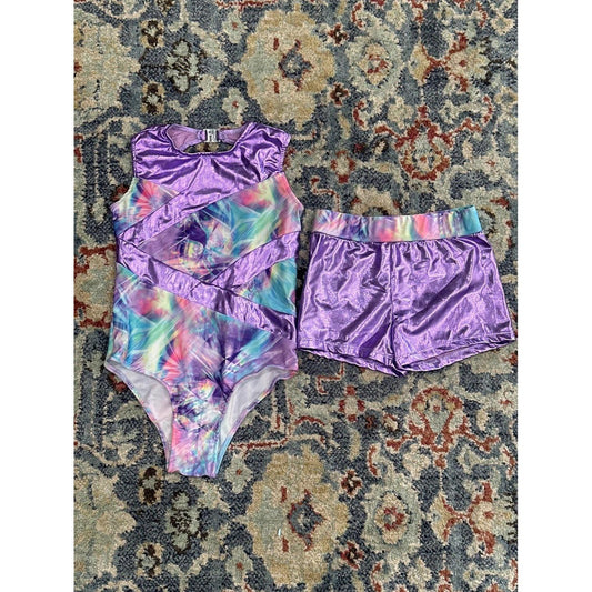 Iefiel Leotard and Shorts Set Girls Size 6 Purple Metallic Galaxy Print EUC0