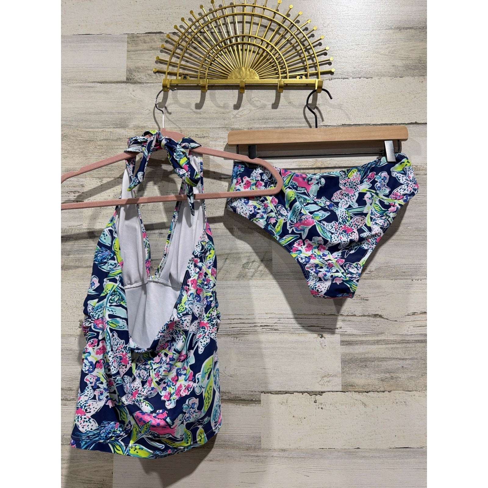 Boutique Tankini Swimsuit Women Medium Blue Floral Halter Tropical Preppy EUC3