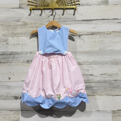 The Beaufort Bonnet Company Girls 4T Dress Pink Blue Swan Scalloped Preppy0
