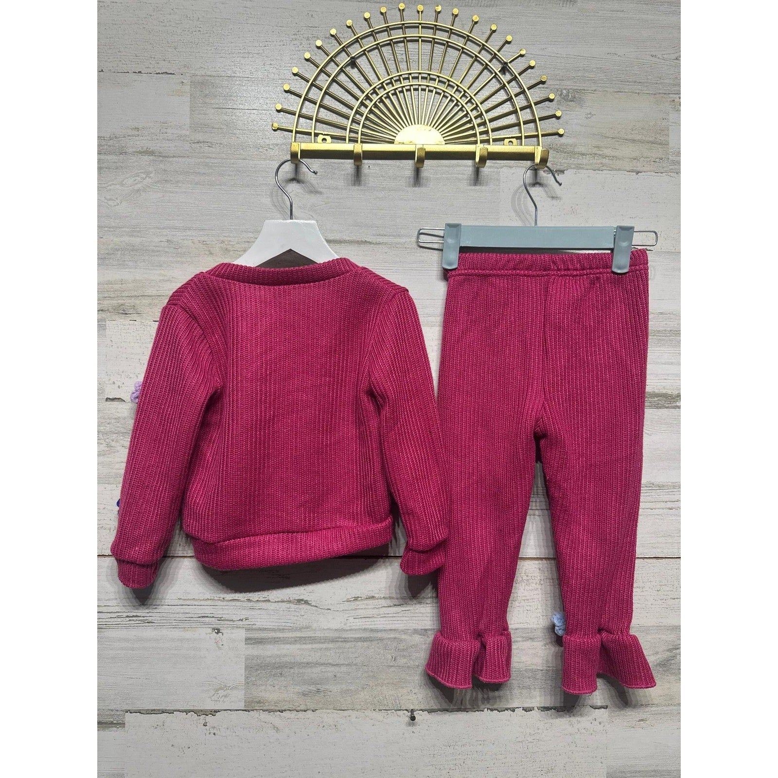 Boutique Knit Sweater Set Girls 2-3Y Magenta Flower Crochet Flare Pants *Flawed4