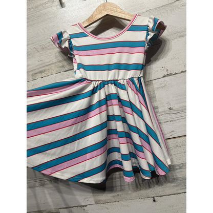 Dot Dot Smile Twirl Dress Girls 12/24M Pink Teal Striped Flutter Sleeve2